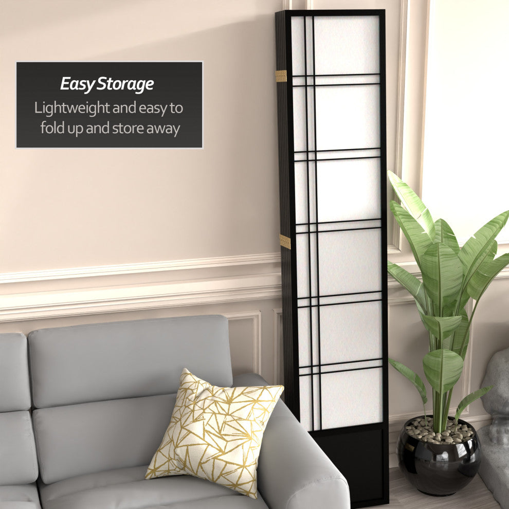 7' Tall Double Cross Shoji Screen, Black, 6 Panels