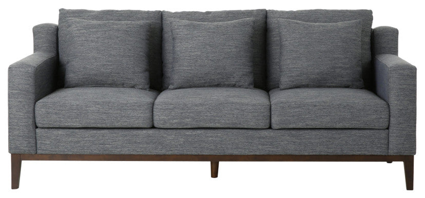 Noxon Fabric 3 Seater Sofa with Accent Pillows, Charcoal + Dark Walnut