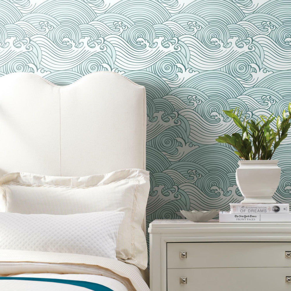 Teal & White Asian Waves Peel & Stick Wallpaper