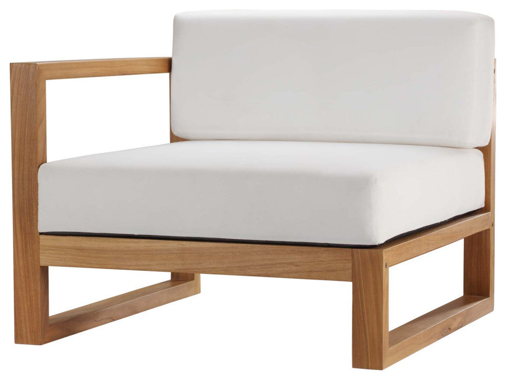 Sectional Sofa Chair Table Set, White Natural, Teak Wood, Modern, Outdoor Patio