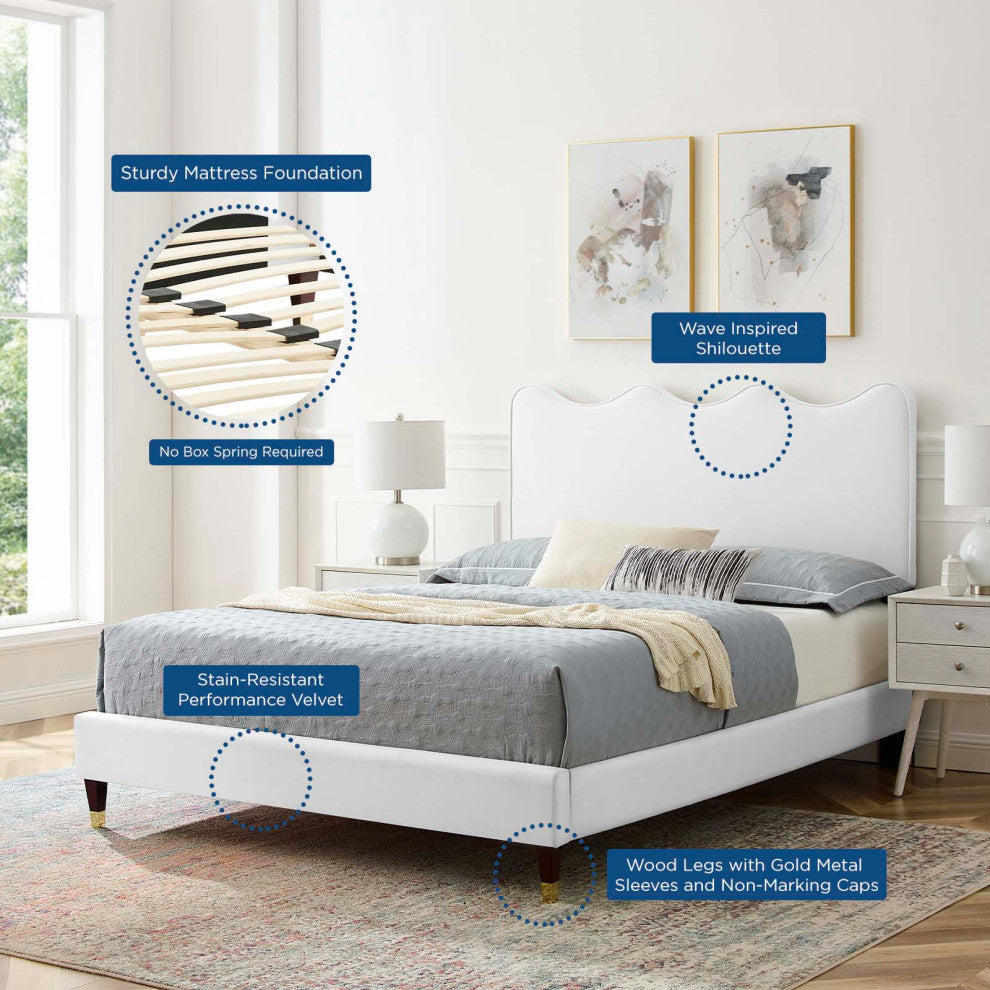 Platform Bed Frame, Queen Size, White, Velvet, Modern, Bedroom Guest Suite