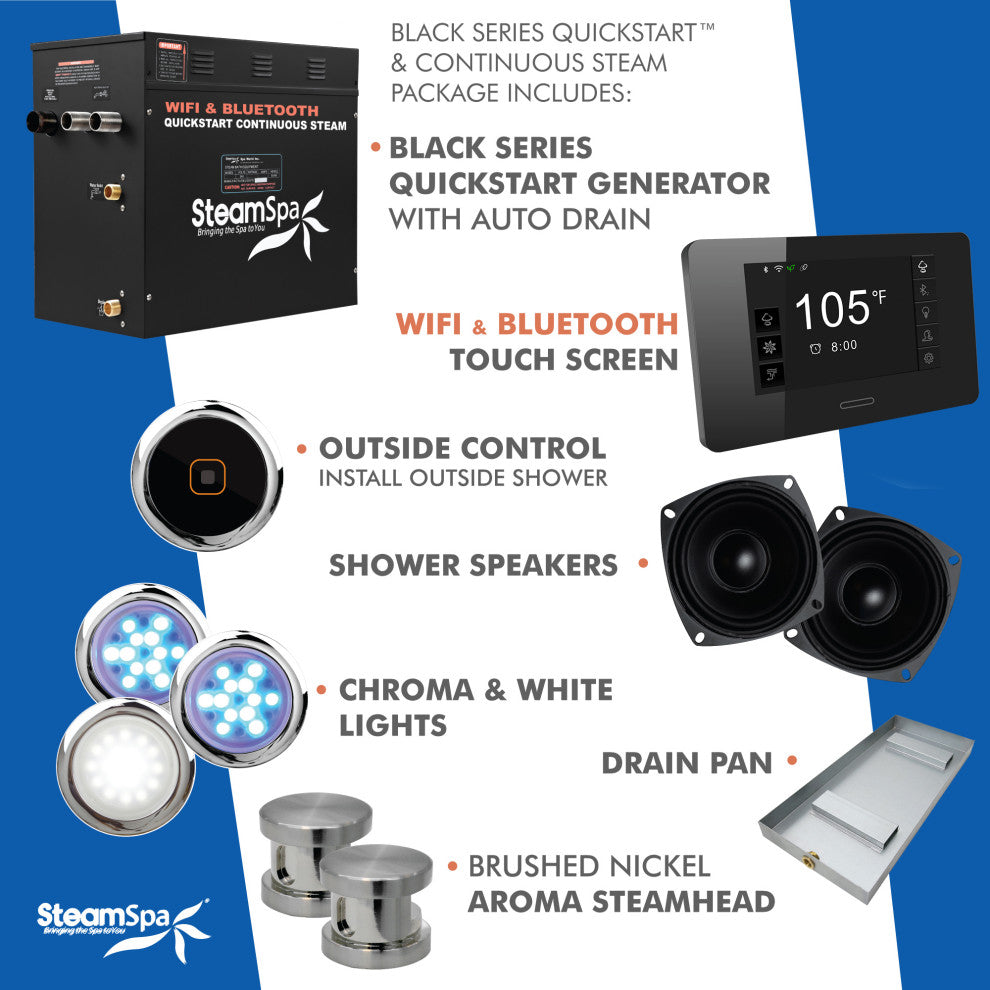 Black Series Wifi/Bluetooth 12kW QuickStart Steam Bath Set, Brushed Nickel