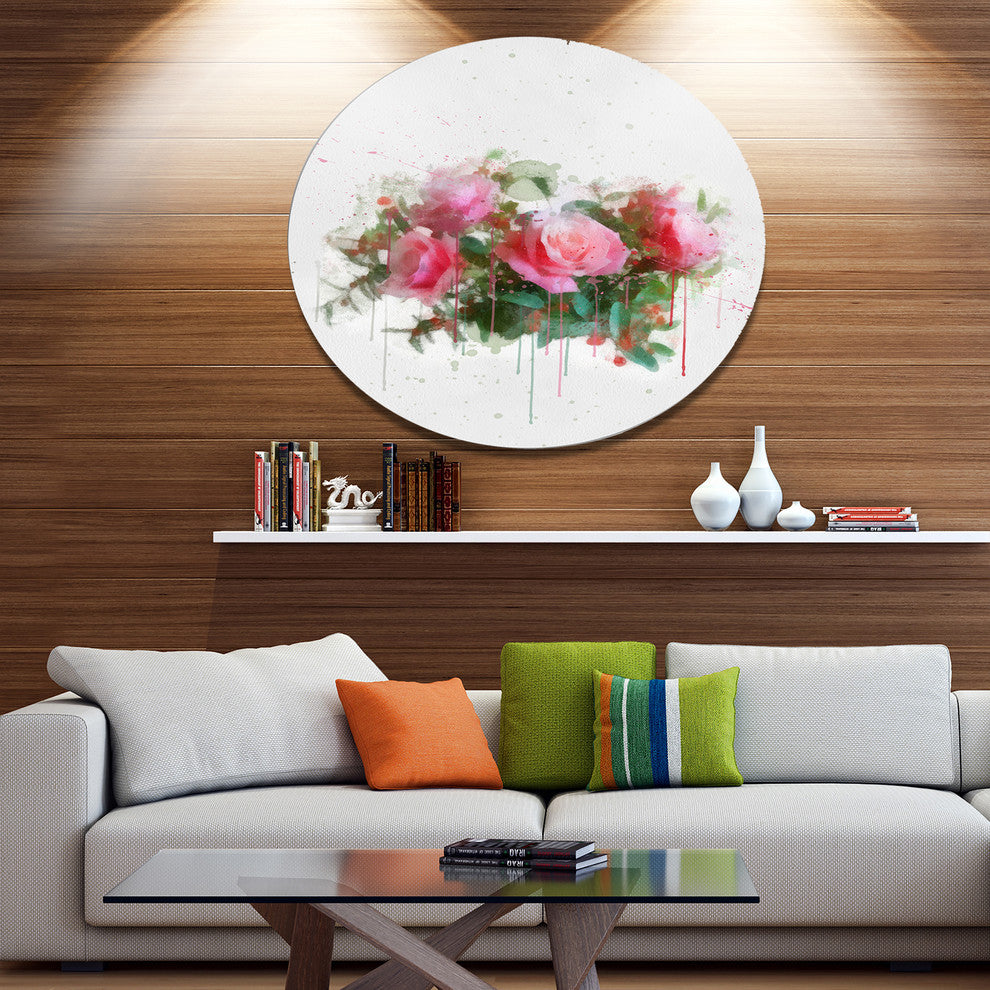 Bunch Of Pink Roses Watercolor, Flower Disc Metal Artwork, 11"