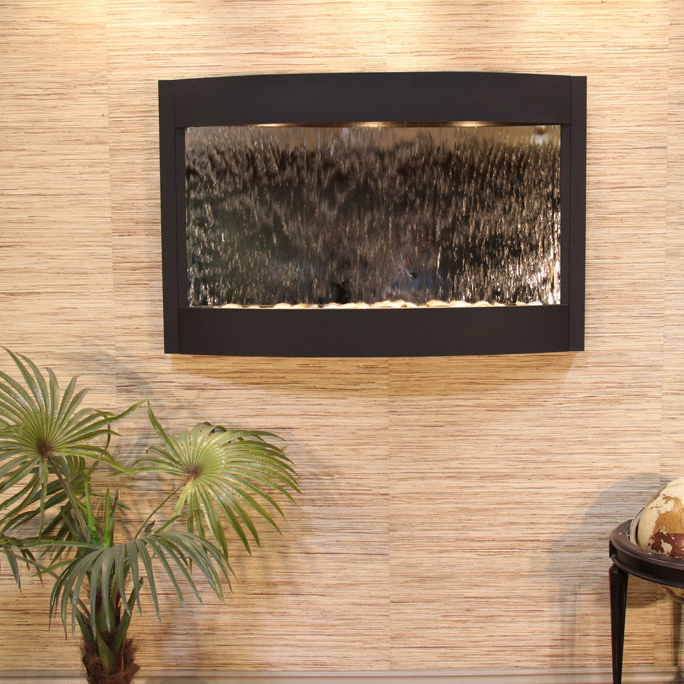 Calming Waters Wall Water Fountain, Silver Mirror, Textured Black