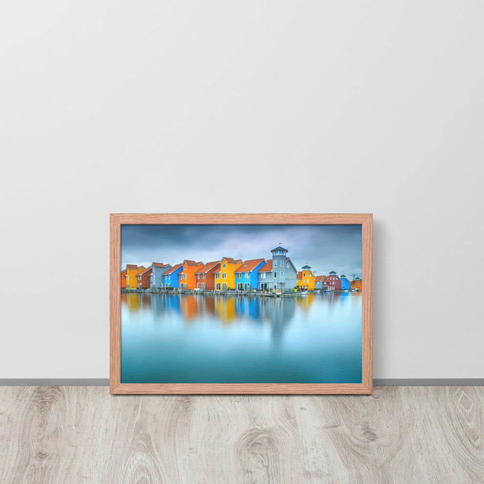 Blue Morning at Waters Edge Landscape Framed Photo Paper Wall Art Prints, Red Oak, 12" X 18"