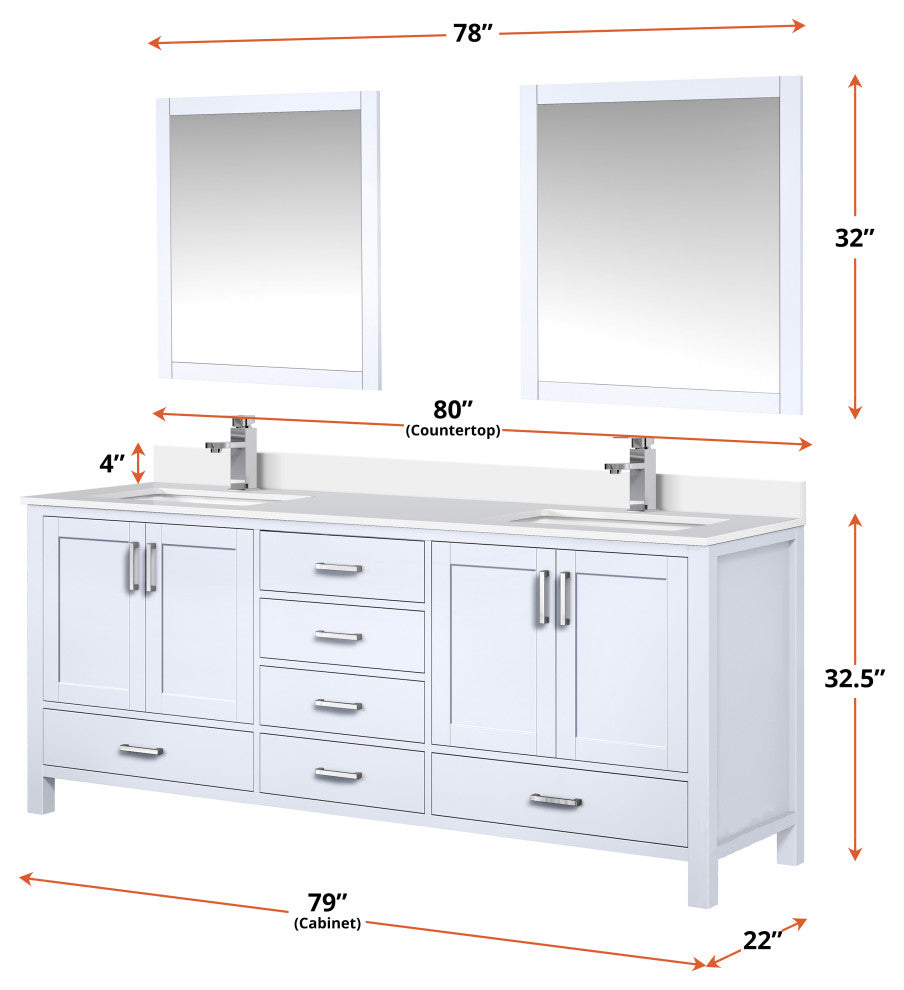 Jacques 80" White Double Sink Vanity with Quartz Top, With Faucet and Mirror