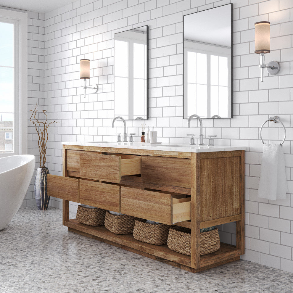 Oakman Marble Top Vanity in Mango Wood with Faucet, 72, Vanity With Chrome Faucet