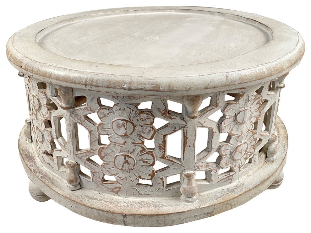 Benzara UPT-248139 Round 2 Piece Coffee Table Set, Carved Floral Design, White