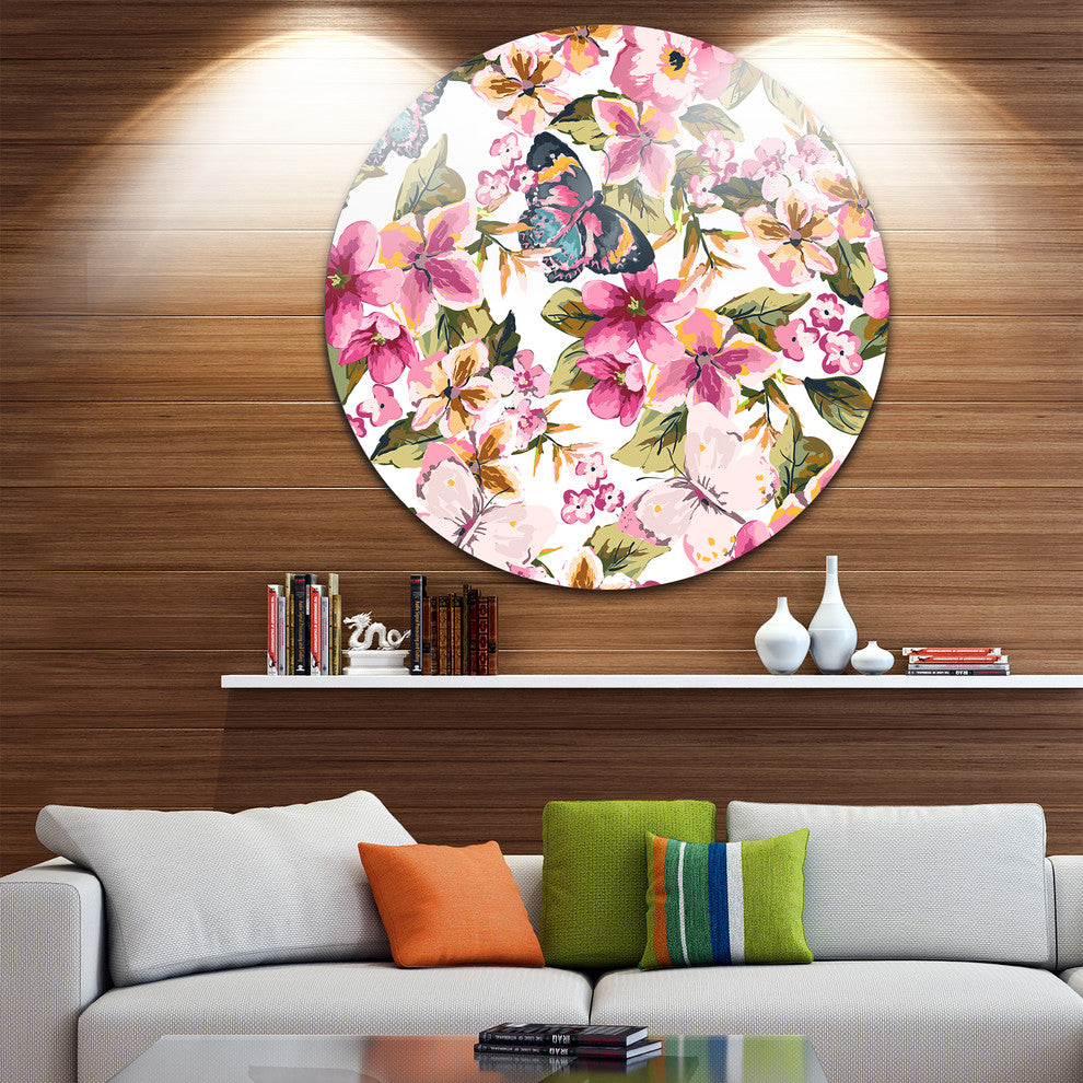 Butterflies With Seamless Floral Pattern, Floral Round Artwork, 36"