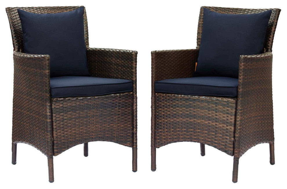 Side Dining Chair Armchair, Set of 2, Rattan, Wicker, Brown Blue Navy, Outdoor