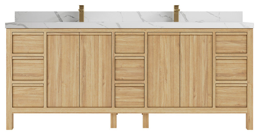 Elizabeth 84 Double Sink Bath Vanity in Light Natural Teak 2" Calacatta Laza