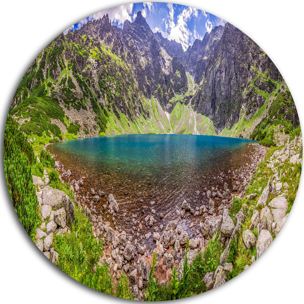 Pond In Middle Of Mountains Panorama, Landscape Disc Metal Artwork, 38"