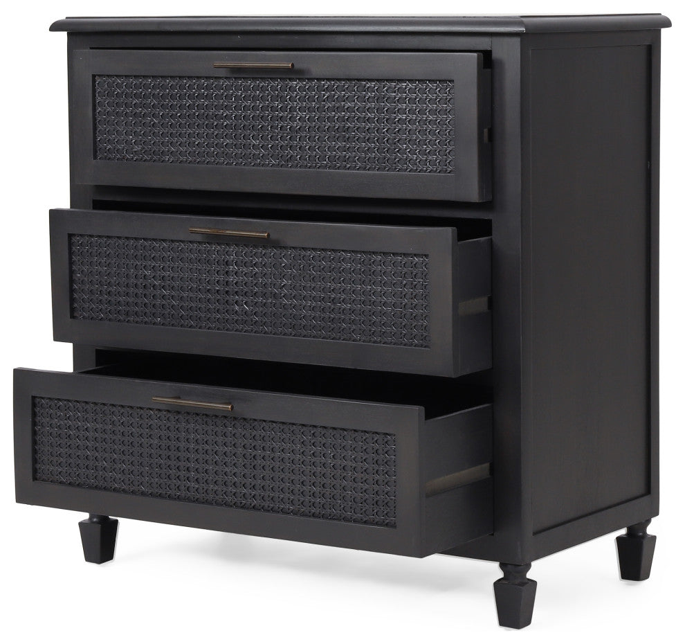 Pollards Rustic Acacia Wood and Cane 3 Drawer Dresser, Dark Gray