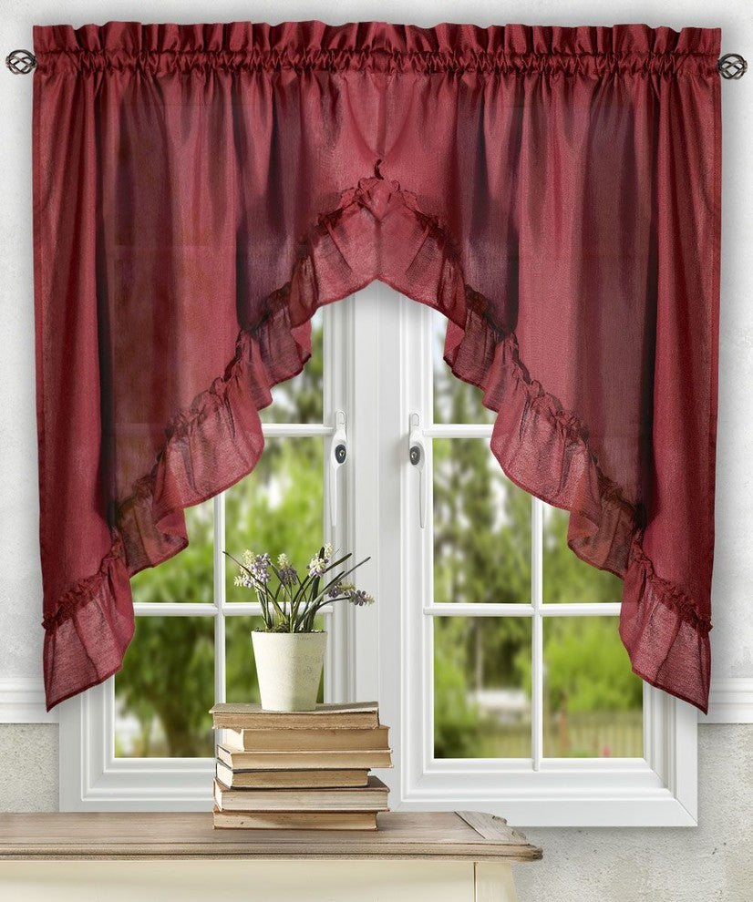 Ellis Curtain Stacey 60"x38" Ruffled Swag Curtain, Merlot