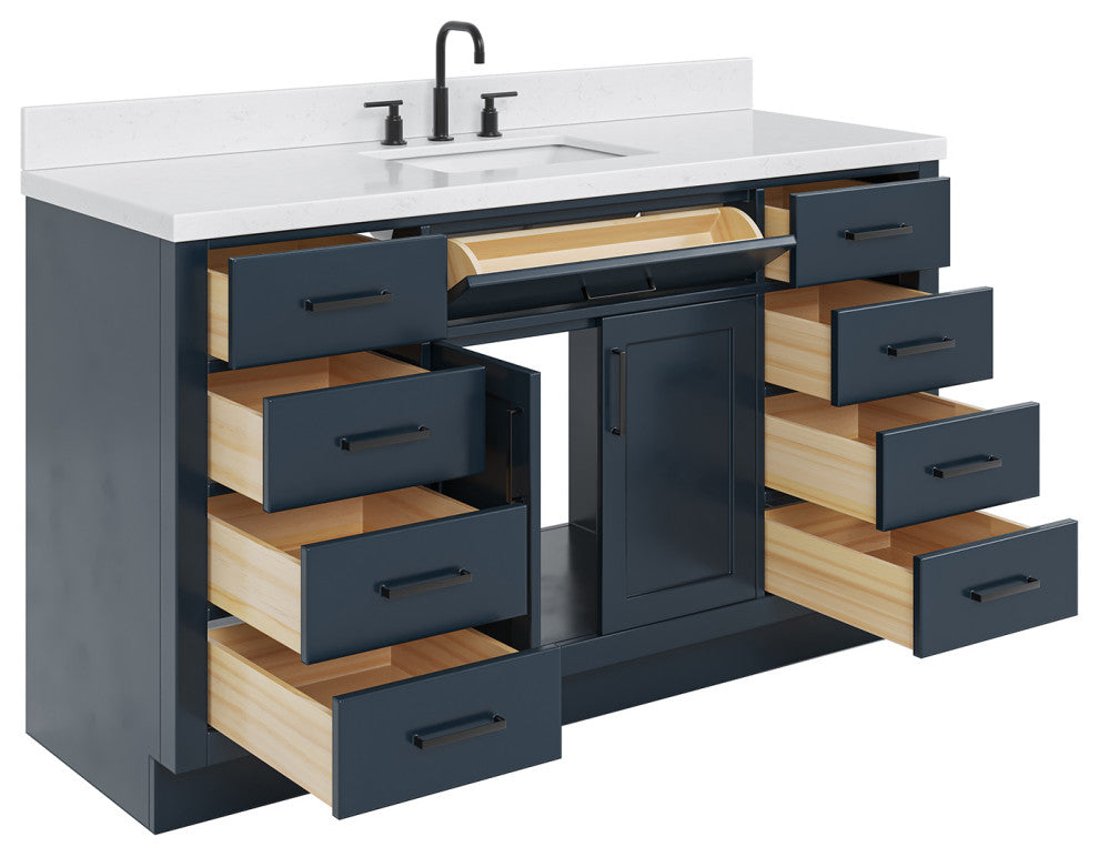 Ariel Hepburn 60" Single Rectangle Sink Vanity, Carrara Quartz, Midnight Blue