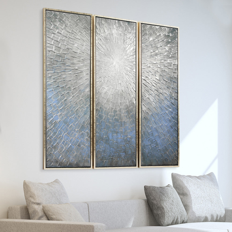 Silver Ice Textured Metallic Hand Painted Abstract Wall Art, 60"x20"