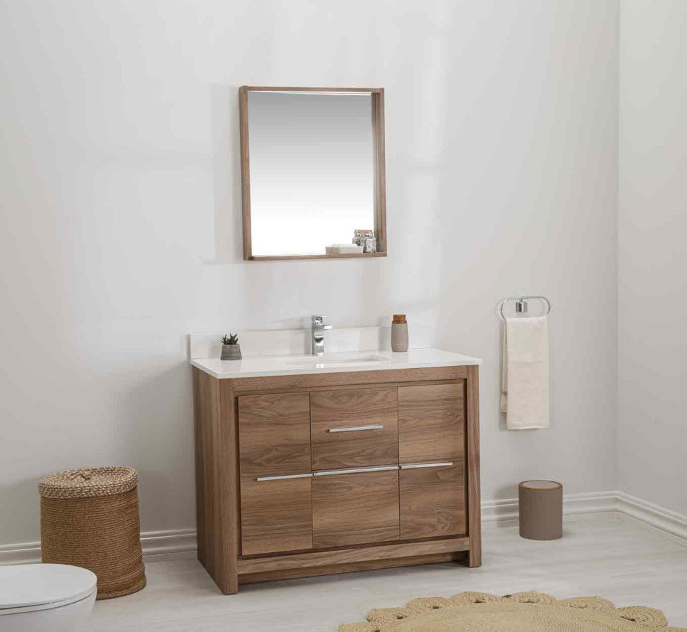 Mila Collection 42" Bathroom Vanity With Sink, Mirror, Countertop, Walnut Brown