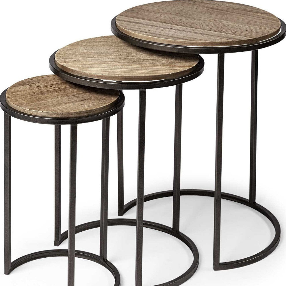 27" Black And Brown Solid Wood Round End Tables, 3-Piece Set