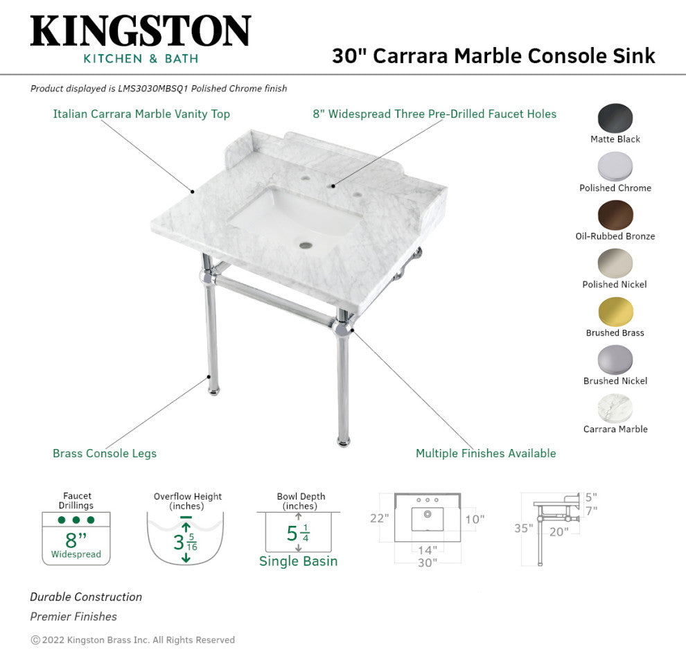 Kingston Brass LMS3030MBSQ6 30" Carrara Marble Console Sink, Legs
