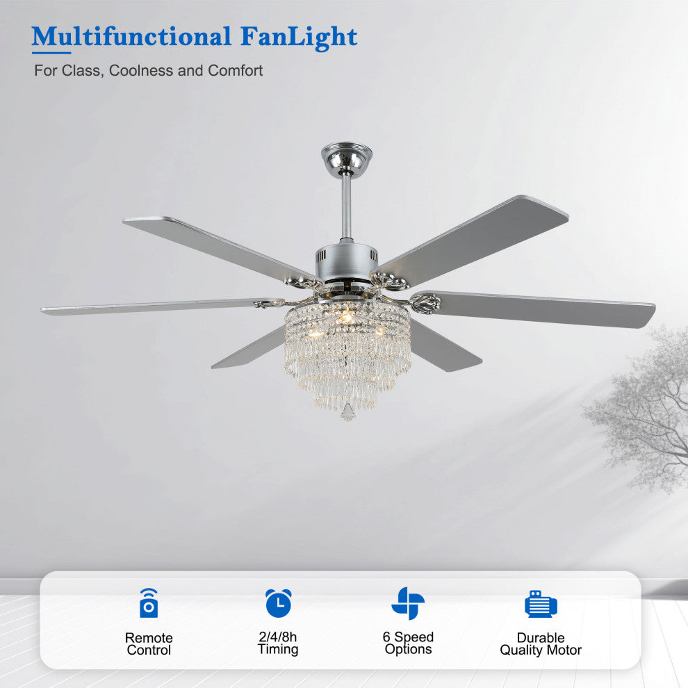 CurveCurio 65" Lagre Ceiling Fan w Crystal Light Shade and Wood Blades, Chrome