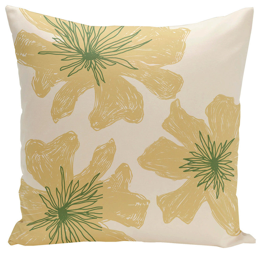 Polyester Pillow, Floral, Off-White, Yellow, Green, 18"x18"