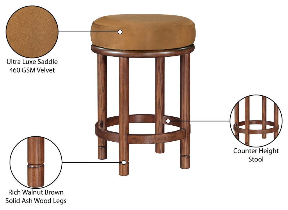 Monette Upholstered Bar and Counter Stool, Saddle, Velvet, Brown Finish