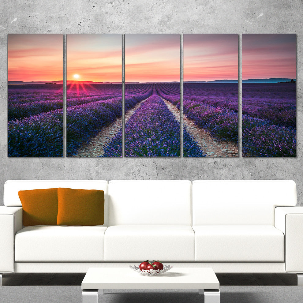 "Endless Rows of Lavender Flowers" Modern Landscape Wall Art, 5 Panels, 60"x28"