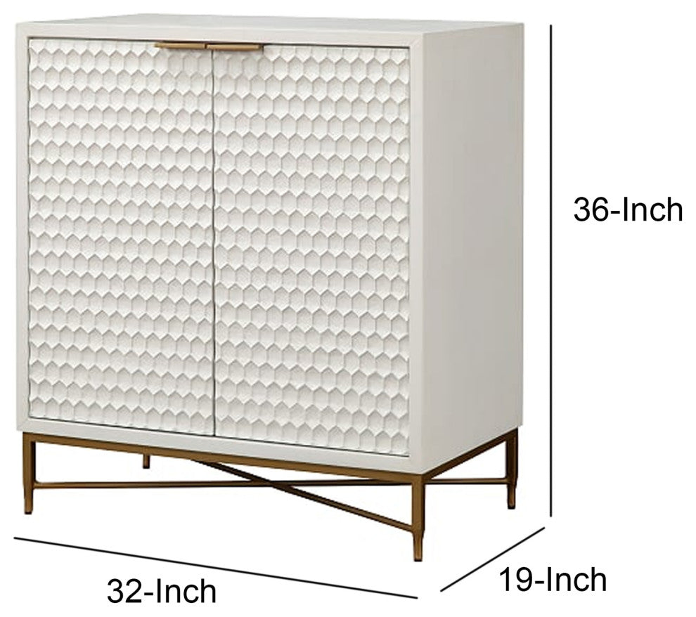 Benzara BM206689 Honeycomb Design 2 Door Bar Cabinet With Metal Legs, White
