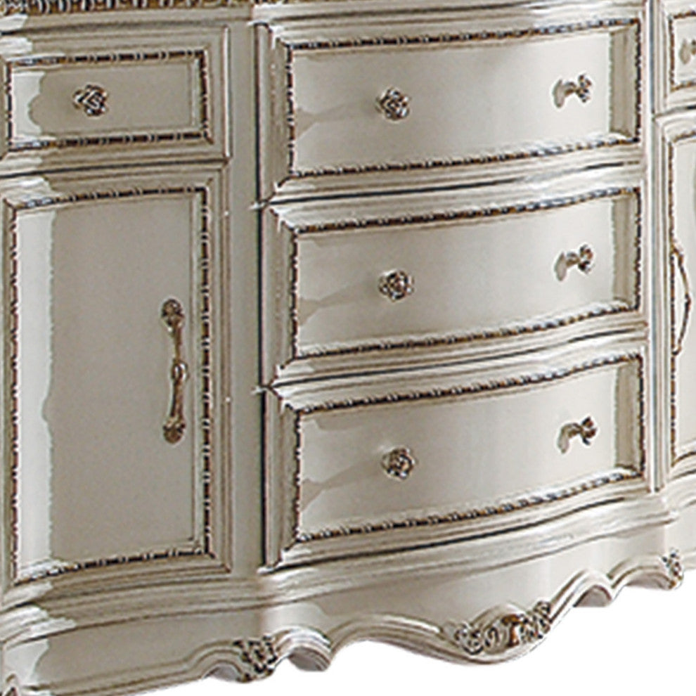 Benzara BM185475 5 Drawer & 2 Door Dresser, Carved Cabriole Legs, Antique Pearl