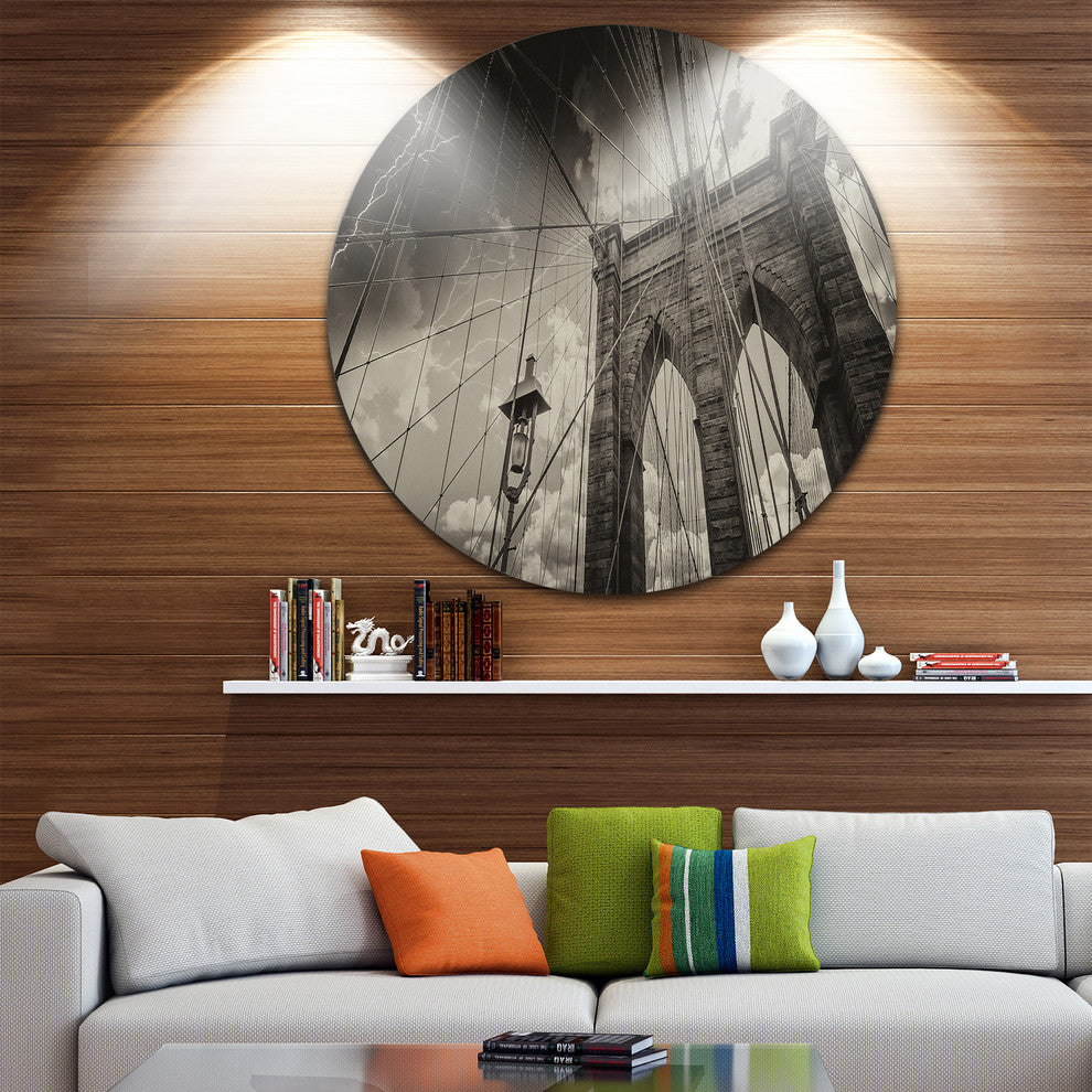 Upward View Of Brooklyn Bridge, Cityscape Photo Disc Metal Artwork, 11"