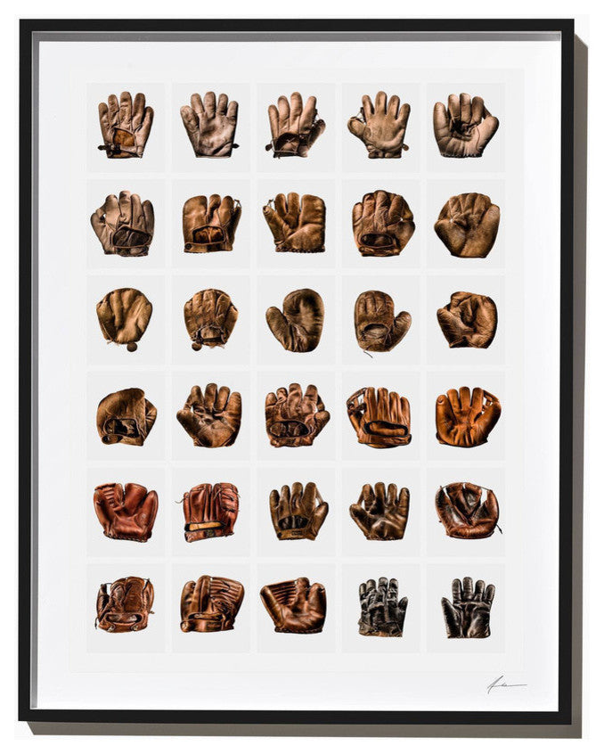 Vintage Baseball Glove Grid, Photograph, 27''x35'', Black Frame