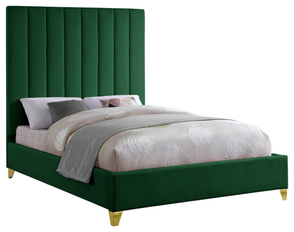 Via Velvet Upholstered Bed, Green, Queen