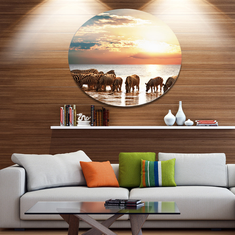 Herd Of Zebras In Clear Lake, African Art Disc Metal Artwork, 23"