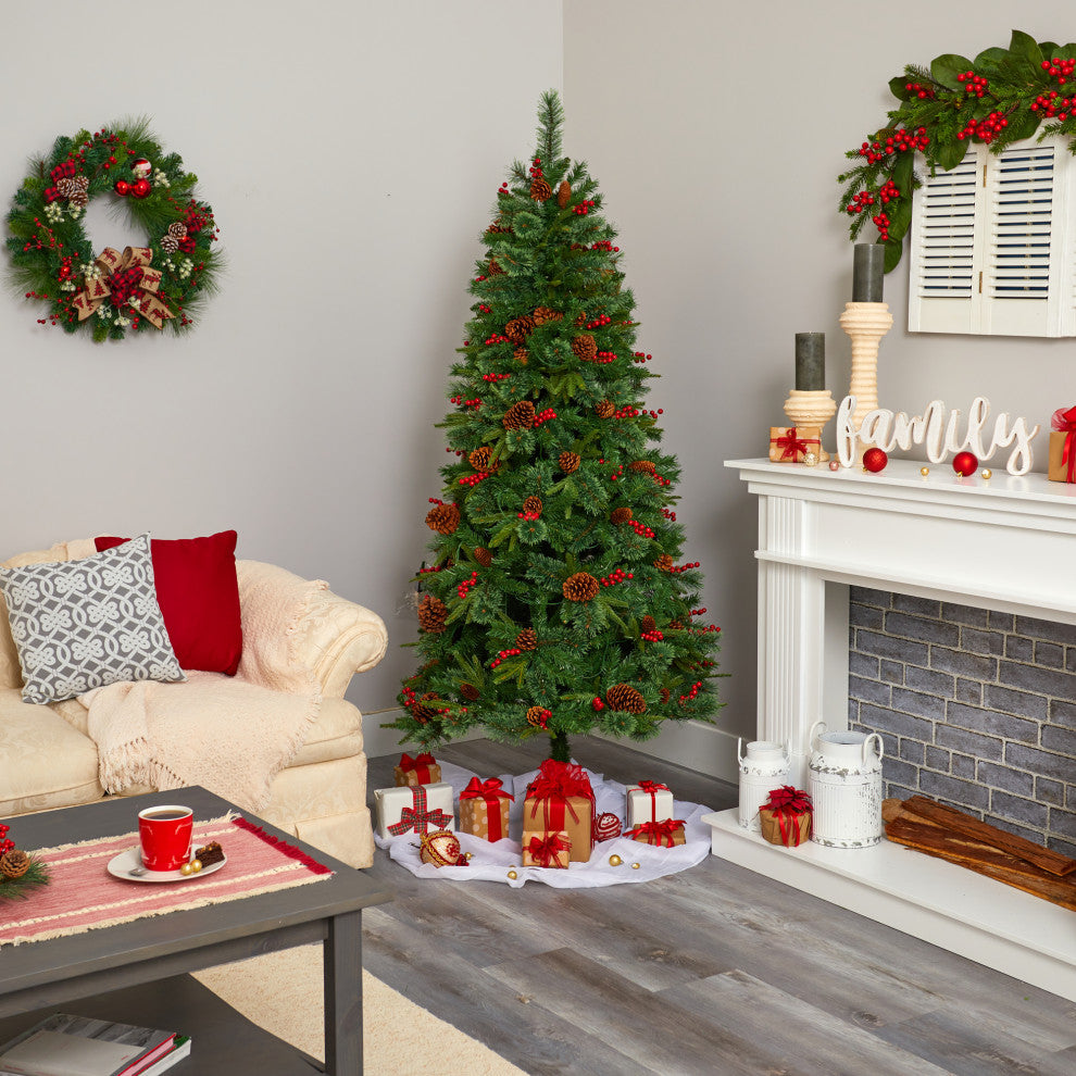 6.5' Norway Mixed Pine Faux Xmas Tree With 350 Clear Lights, Pinecones & Berries