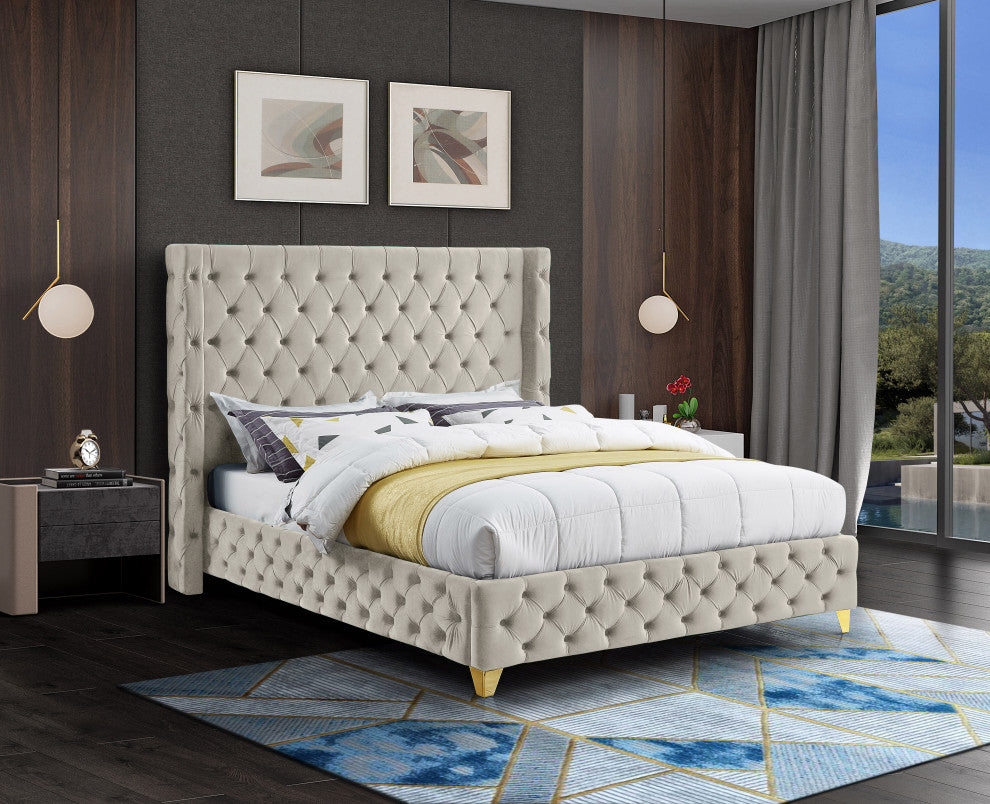 Savan Velvet Upholstered Bed, Cream, King