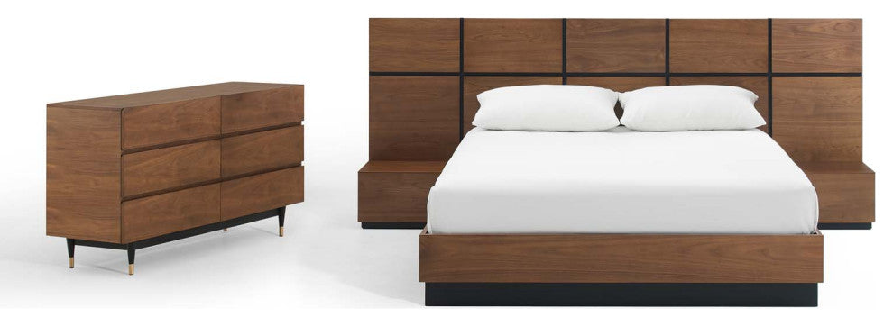 Queen Bed Dresser Chest Nightstand Set, Wood, Brown Walnut, Modern Room