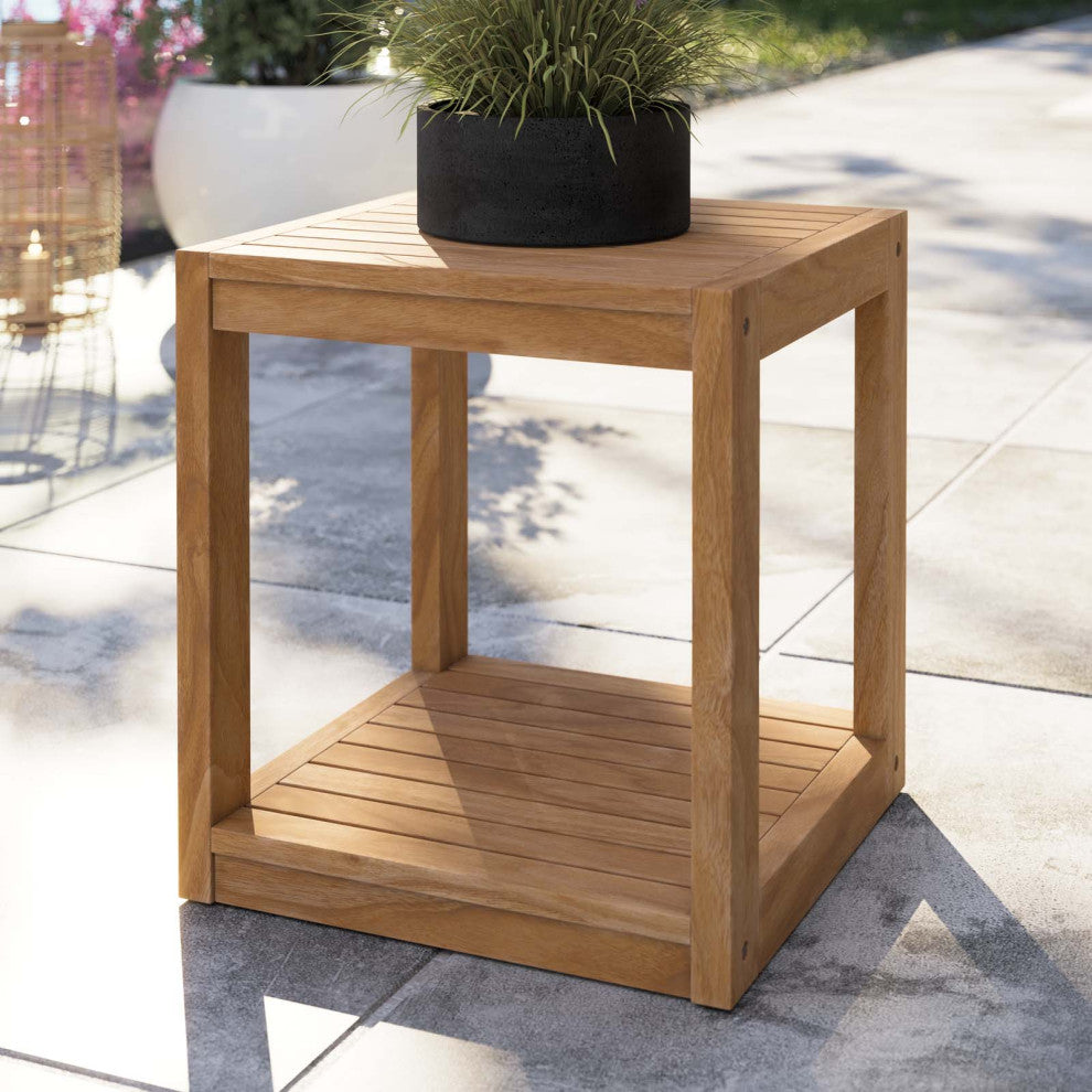 Lounge Coffee Side Table, Square, Brown Natural, Wood, Modern, Outdoor Patio