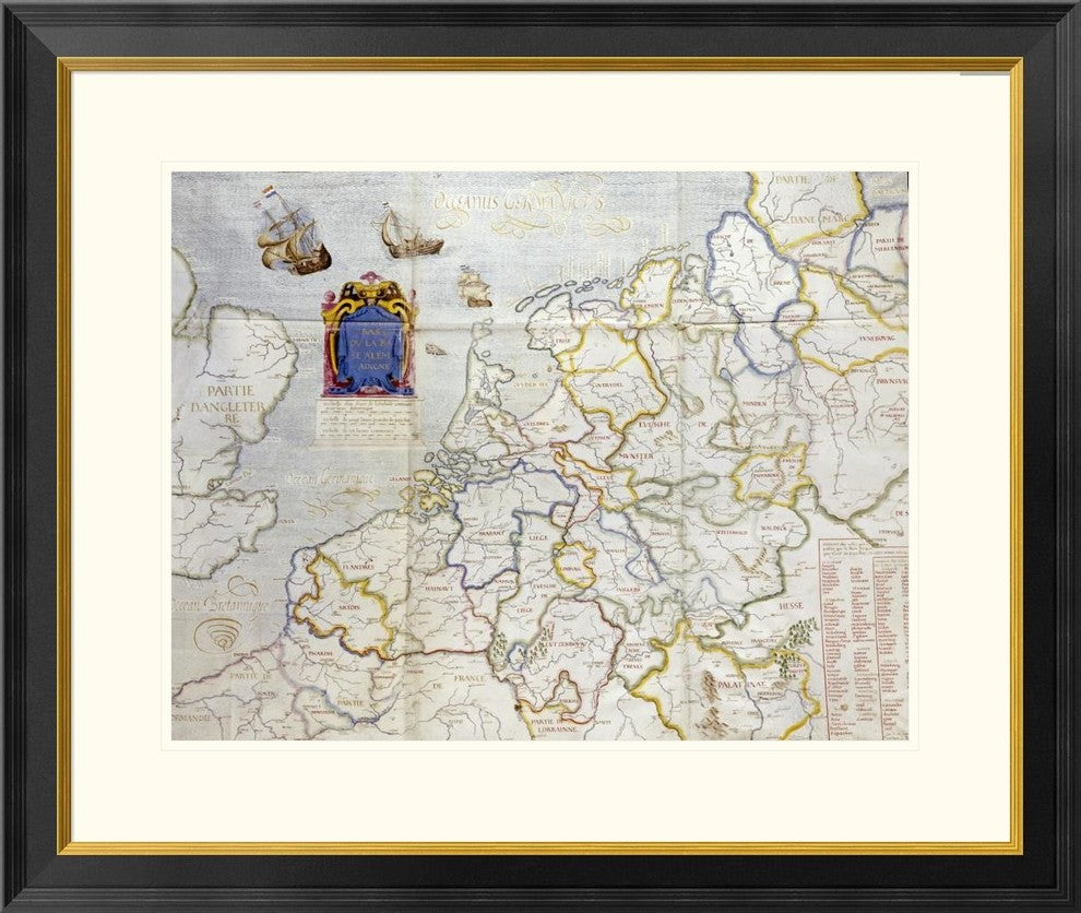 "Watercolour Map of Northern Europe" Framed Print by Salomon De Caus, 32"x27"