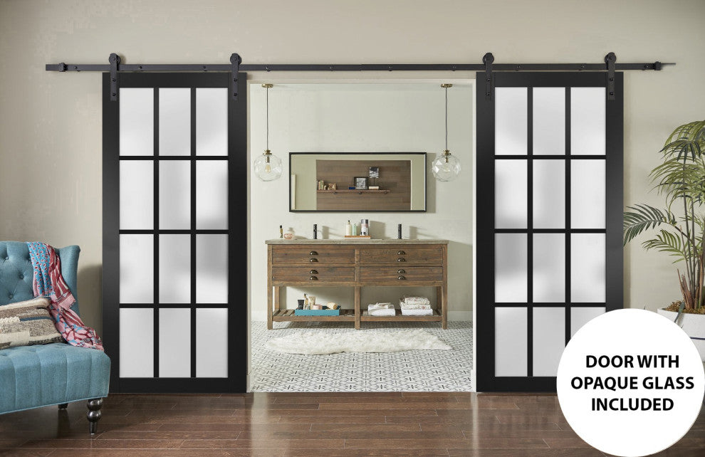 Double Barn Door 48 x 96, Felicia 3312 Matte Black Frosted Glass, 13' Rail
