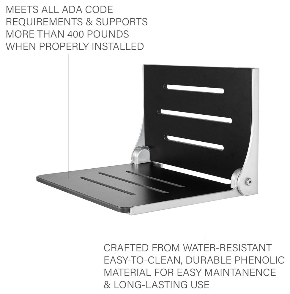 Silhouette Folding Wall Mount Shower Bench Seat, Black Seat With Silver Frame