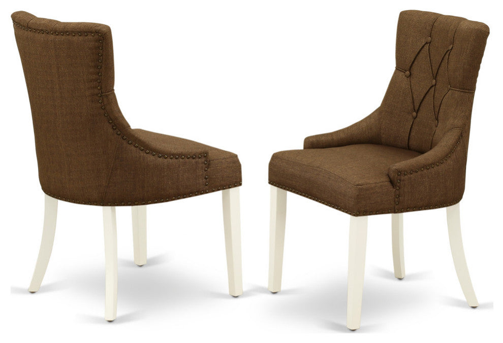 3Pc Dinette Set, Rounded Table, Two Chairs, Dark Coffee Fabric, Linen White
