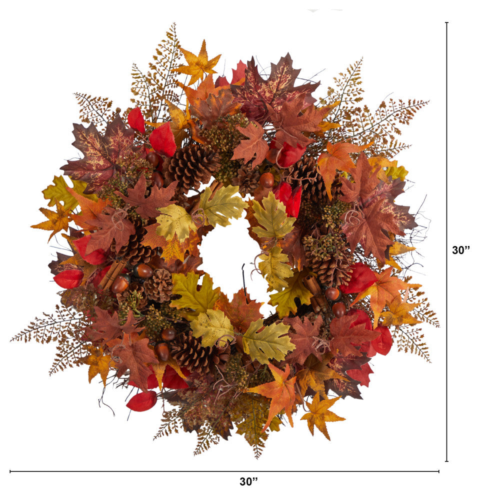 30" Autumn Maple Leaves, Acorn, Pinecones and Cinnamon Sticks Faux Fall Wreath