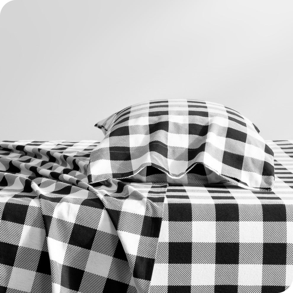 Bare Home Cotton Flannel Sheet Set, Buffalo Plaid - White/Black, Twin