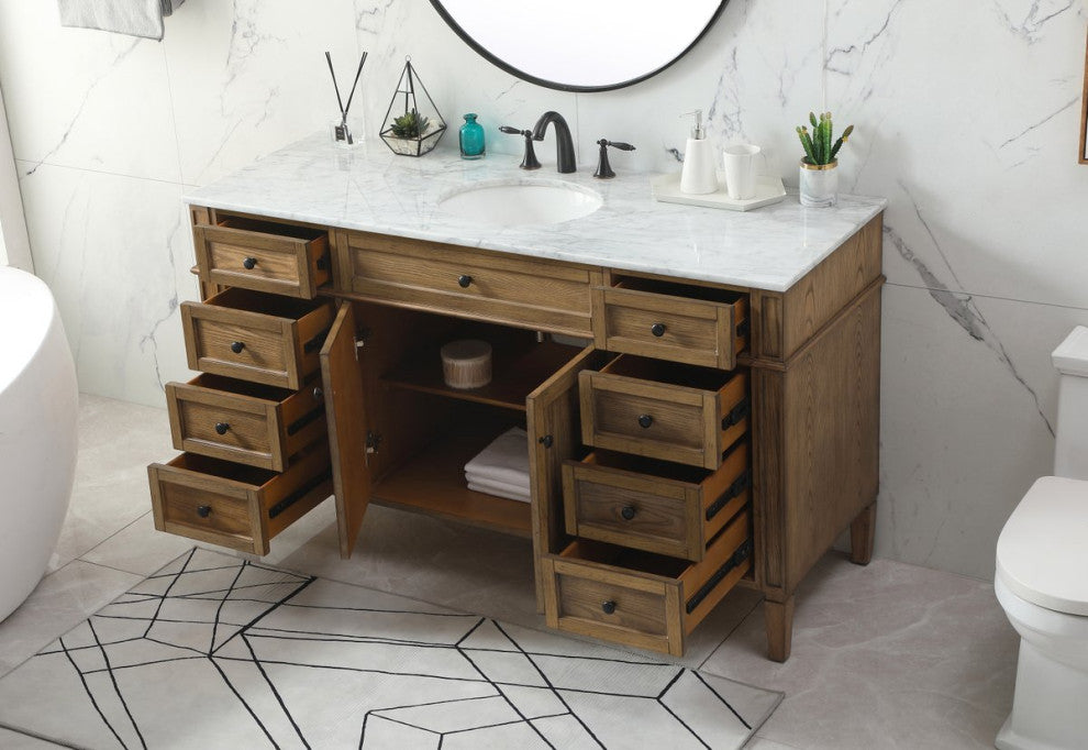 Home Living Vanity with Carrara White Marble Countertop, Driftwood, 60", Single Sink