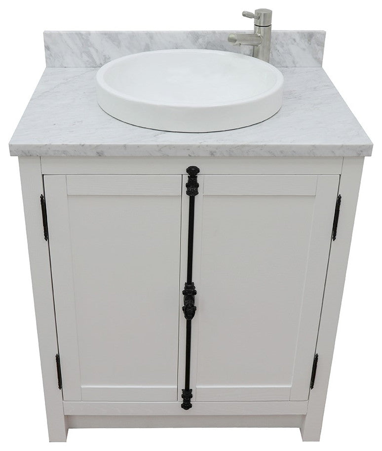 30" Single Vanity, Glacier Ash, White Carrara Top, Round Sink