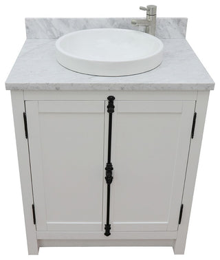 30" Single Vanity, Glacier Ash, White Carrara Top, Round Sink