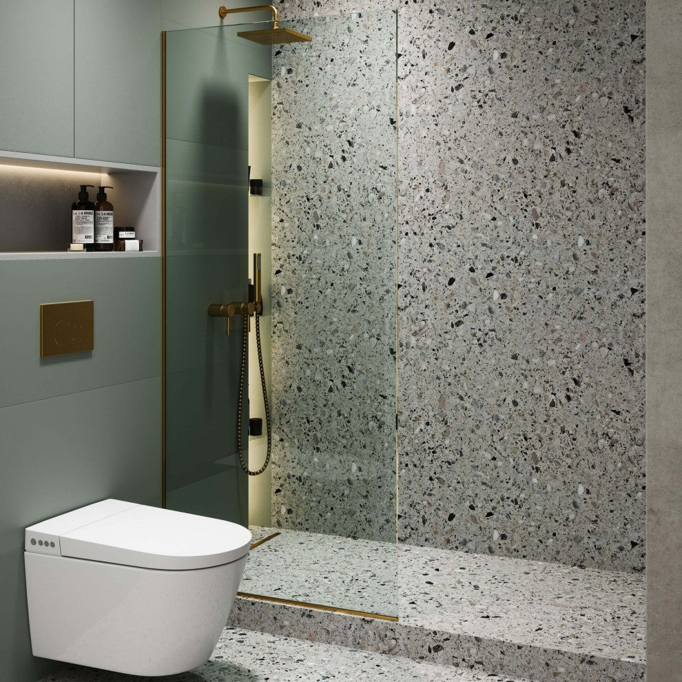 Single Fixed Glass Shower Panel - Clear Tempered Frameless Shower Glass Door, Satin Brass, 34"