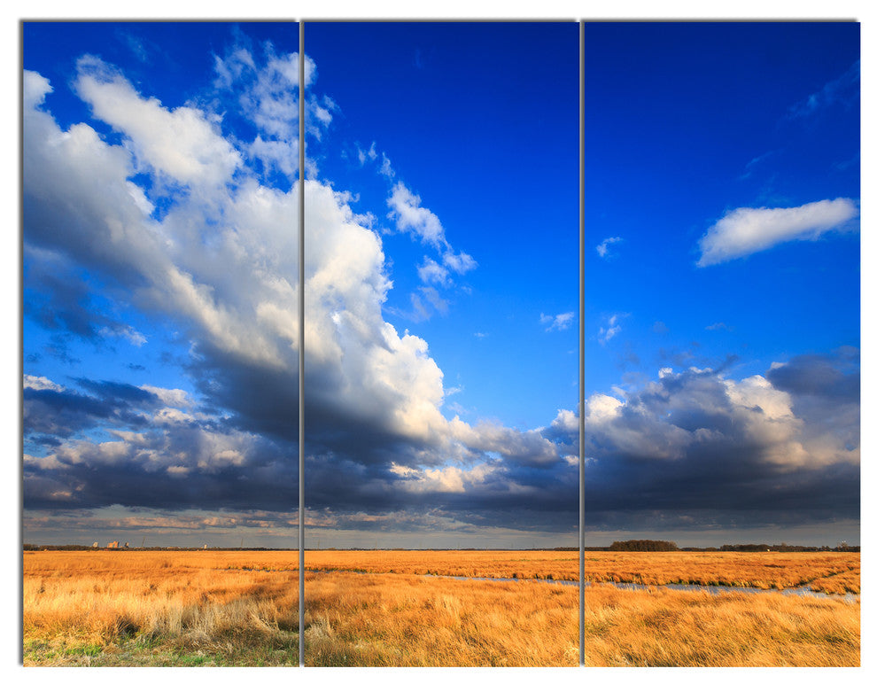 Clouded Blue Sky over Prairie, Landscape Triptych Canvas Print, 36x28, 3 Panels