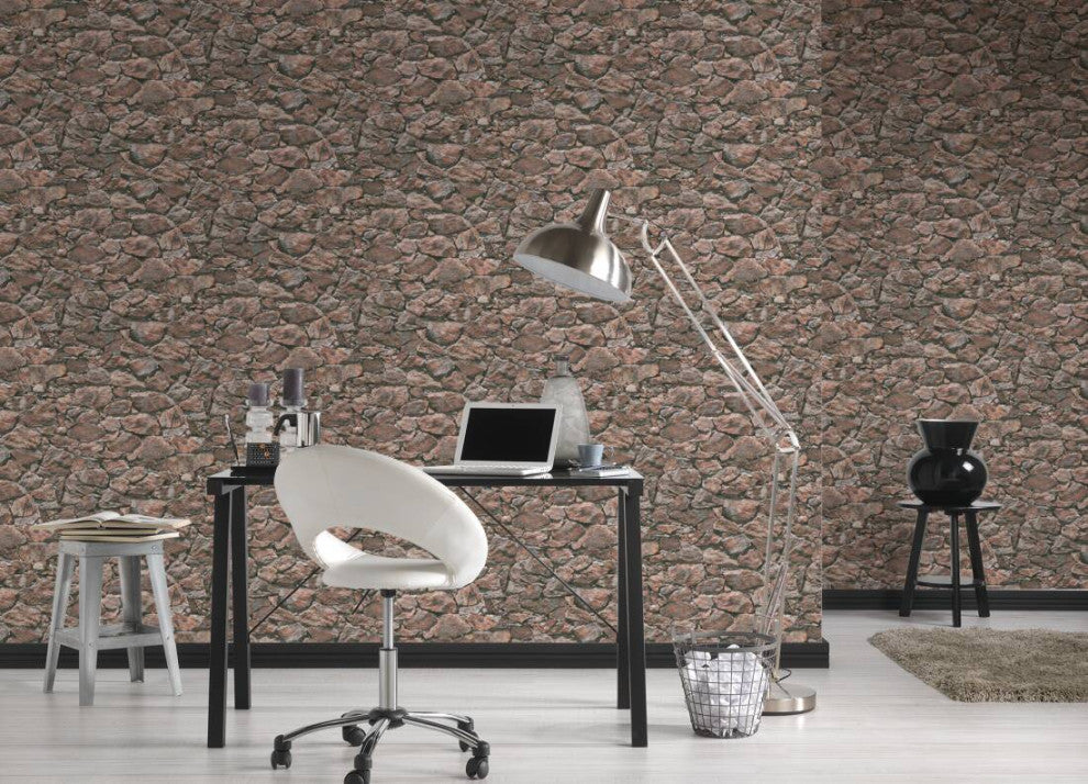 Faux Textured Wallpaper, Stones, Black Brown Red, One Roll