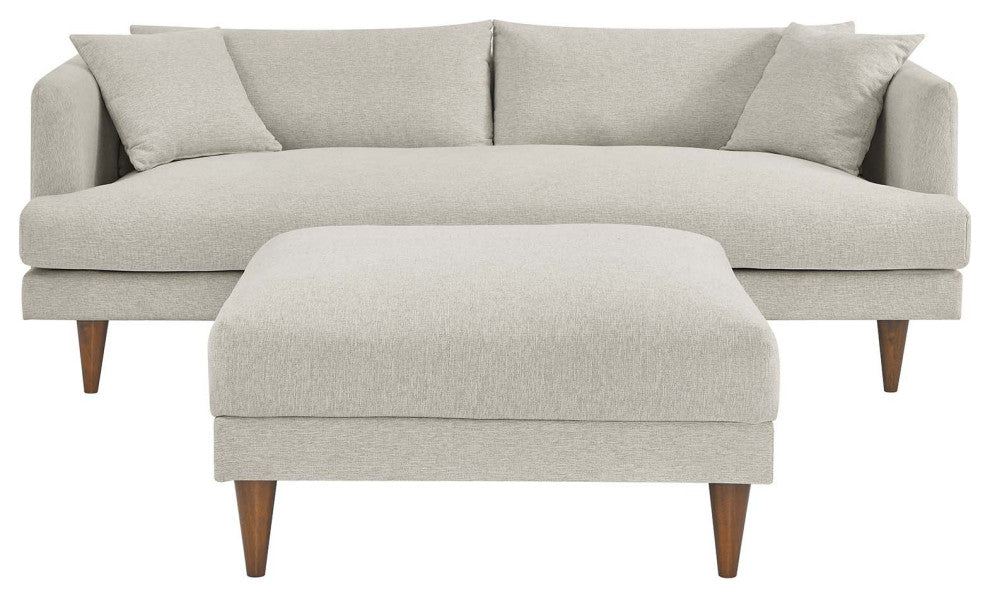 Zoya Down Filled Overstuffed Sofa and Ottoman Set, Heathered Weave Ivory